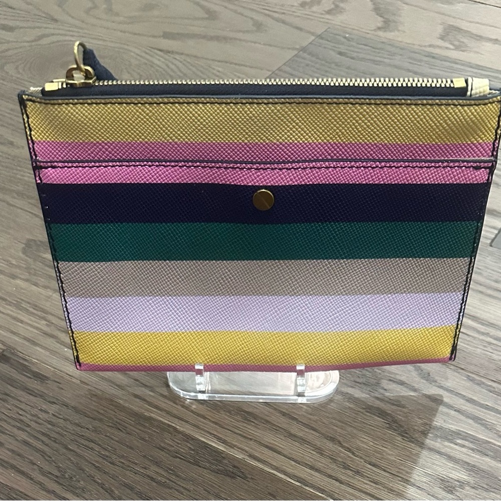 J.Crew Striped Saffiano Leather Pouch Clutch Multi Color Gold Zip